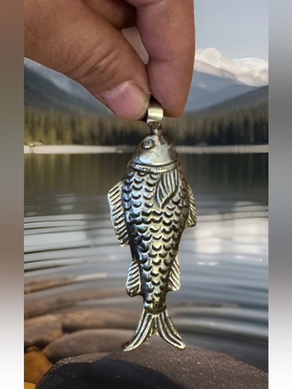 Vintage & Hand Carved Silver Fish Design Pendant Inlay Stones 3.3”inch & 22grams